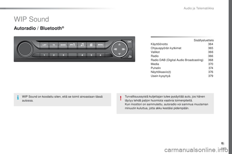 Peugeot 308 2016  Omistajan käsikirja (in Finnish) 363
308_fi_Chap10d_RD45_ed02-2015
WIP Sound
Autoradio / Bluetooth®
Sisällysluettelo
Käyttöönotto 3 64
oh

jauspyörän kytkimet
 3
 65
Valikot
 

3 6 6
Radio
 
3
 66
Radio DAB (Digital Audio Broa