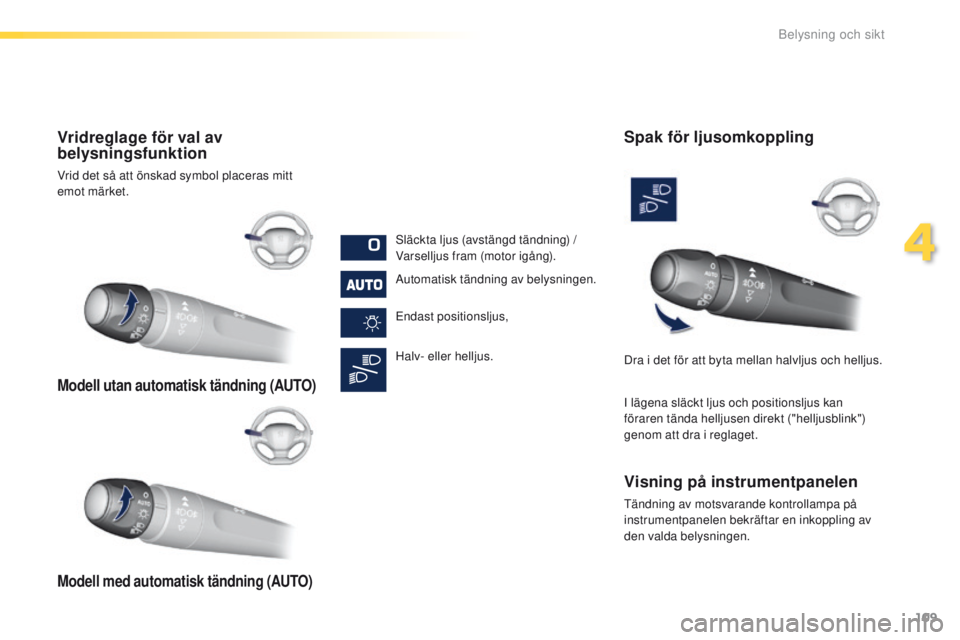 Peugeot 308 2016  Ägarmanual (in Swedish) 109
308_sv_Chap04_eclairage-et-visibilite_ed02-2015
Modell utan automatisk tändning (AUTO)
Modell med automatisk tändning (AUTO)
Vridreglage för val av 
belysningsfunktion
Vrid det så att önskad 