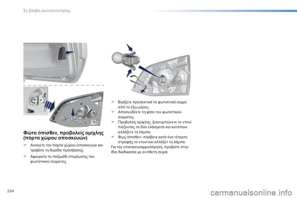 Peugeot 308 2016  Εγχειρίδιο χρήσης (in Greek) 264
308_el_Chap08_En-cas-de-panne_ed02-2015
Φώτα όπισθεν, προβολείς ομίχλης 
(πόρτα χώρου αποσκευών)
F Ανοίγετε την πόρτα χώρου απ