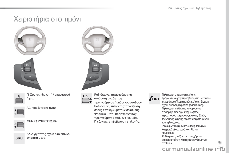 Peugeot 308 2016  Εγχειρίδιο χρήσης (in Greek) 303
308_el_Chap10c_SMEGplus_ed02-2015
Χειριστήρια στο τιμόνι
Πιέζοντας: διακοπή / επαναφορά 
ήχου.
Αύξηση έντασης ήχου.
Α λ λαγή