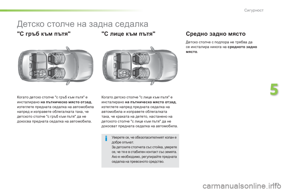 Peugeot 308 2016  Ръководство за експлоатация (in Bulgarian) 131
308_bg_Chap05_securite_ed02-2015
Детско столче на задна седалка
"С гръб към пътя"
Когато детско столче "с гръб към пъ