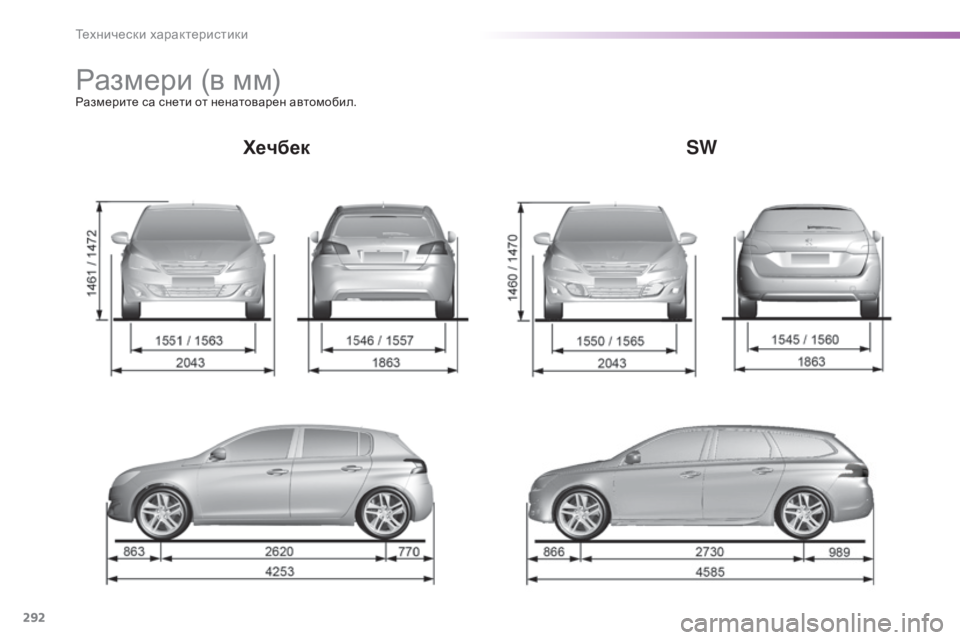 Peugeot 308 2016  Ръководство за експлоатация (in Bulgarian) 292
308_bg_Chap09_caracteristiques-techniques_ed02-2015
Размери (в мм)Размерите са снети от ненатоварен автомобил.
ХечбекSW 
Технически 