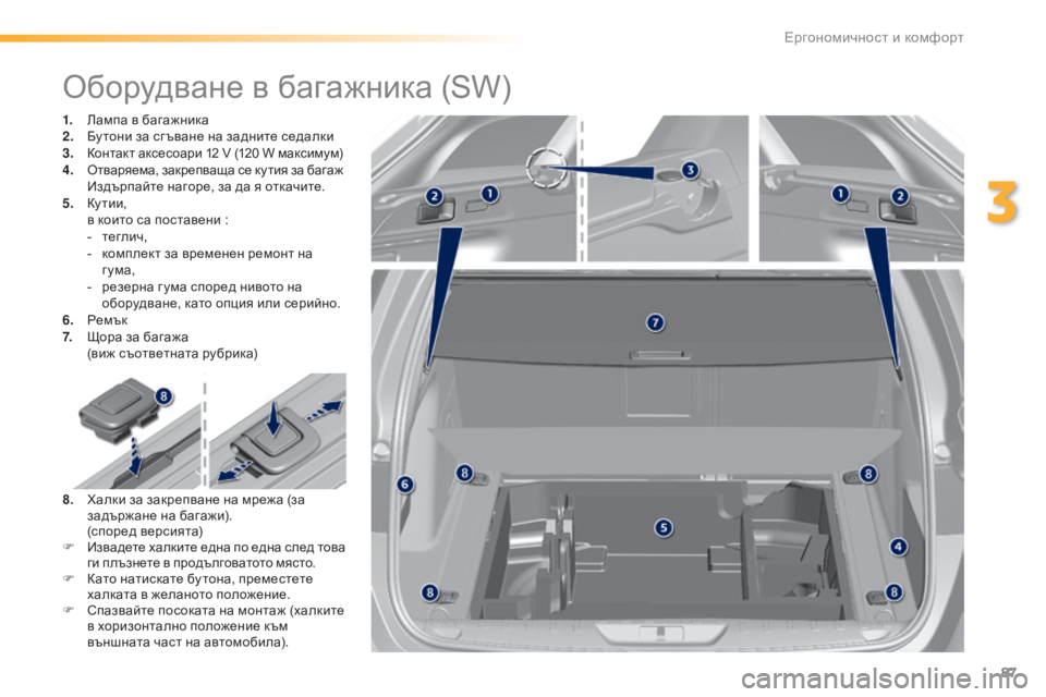 Peugeot 308 2016  Ръководство за експлоатация (in Bulgarian) 87
308_bg_Chap03_ergonomie-et-confort_ed02-2015
Оборудване в багажника (SW)
1. Лампа в багажника
2. Бу тони за сг ъване на задните седал