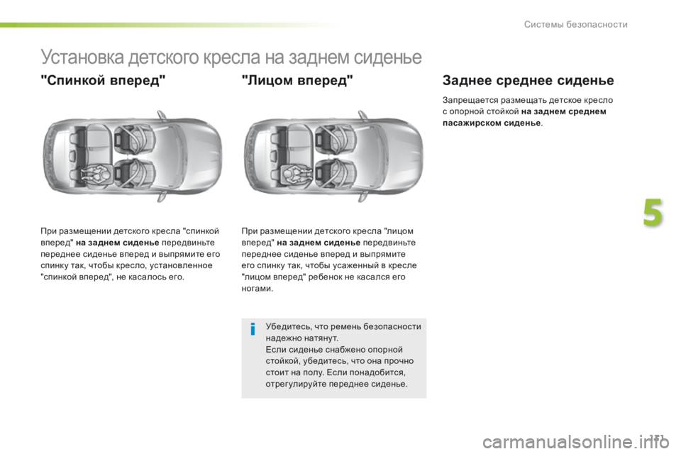 Peugeot 308 2016  Инструкция по эксплуатации (in Russian) 131
308_ru_Chap05_securite_ed02-2015
Установка детского кресла на заднем сиденье
"Спинкой вперед"
При размещении детског