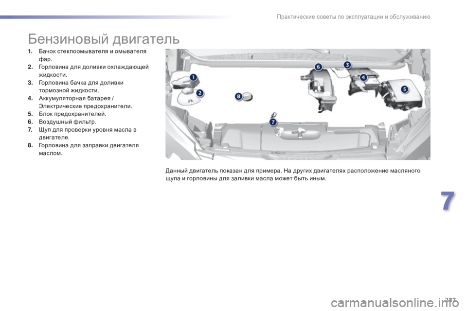 Peugeot 308 2016  Инструкция по эксплуатации (in Russian) 227
308_ru_Chap07_info-pratiques_ed02-2015
Бензиновый двигатель
1. Бачок стек лоомывателя и омывателя фар.
2.
 Г

орловина для доли