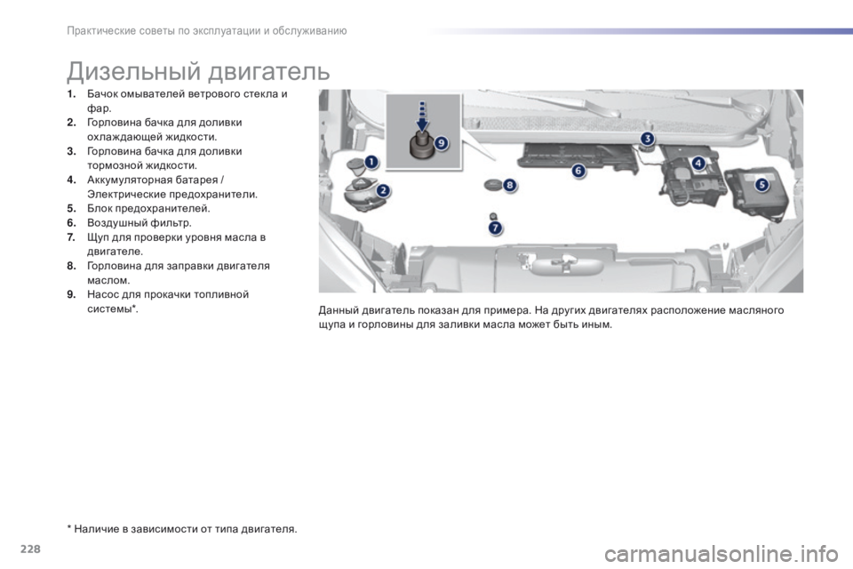 Peugeot 308 2016  Инструкция по эксплуатации (in Russian) 228
308_ru_Chap07_info-pratiques_ed02-2015
* Наличие в зависимости от типа двигателя.
Дизельный двигатель
1. Бачок омывателей вет