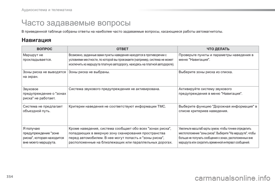 Peugeot 308 2016  Инструкция по эксплуатации (in Russian) 354
308_ru_Chap10c_SMEGplus_ed02-2015
В приведенной таблице собраны ответы на наиболее часто задаваемые вопросы, касающиеся р