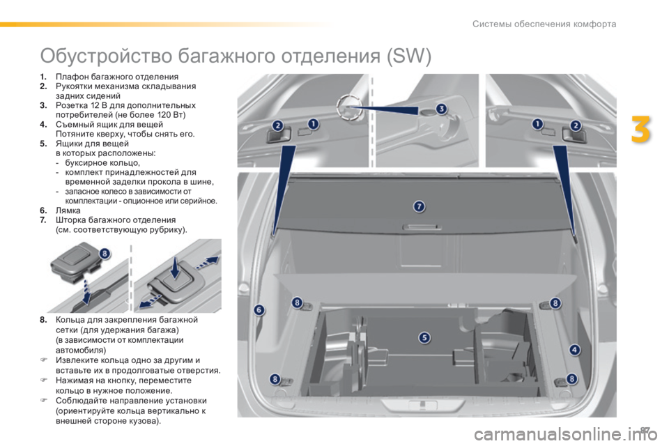 Peugeot 308 2016  Инструкция по эксплуатации (in Russian) 87
308_ru_Chap03_ergonomie-et-confort_ed02-2015
Обустройство багажного отделения (SW)
1. Плафон багажного отделения
2. Рукоятки механ