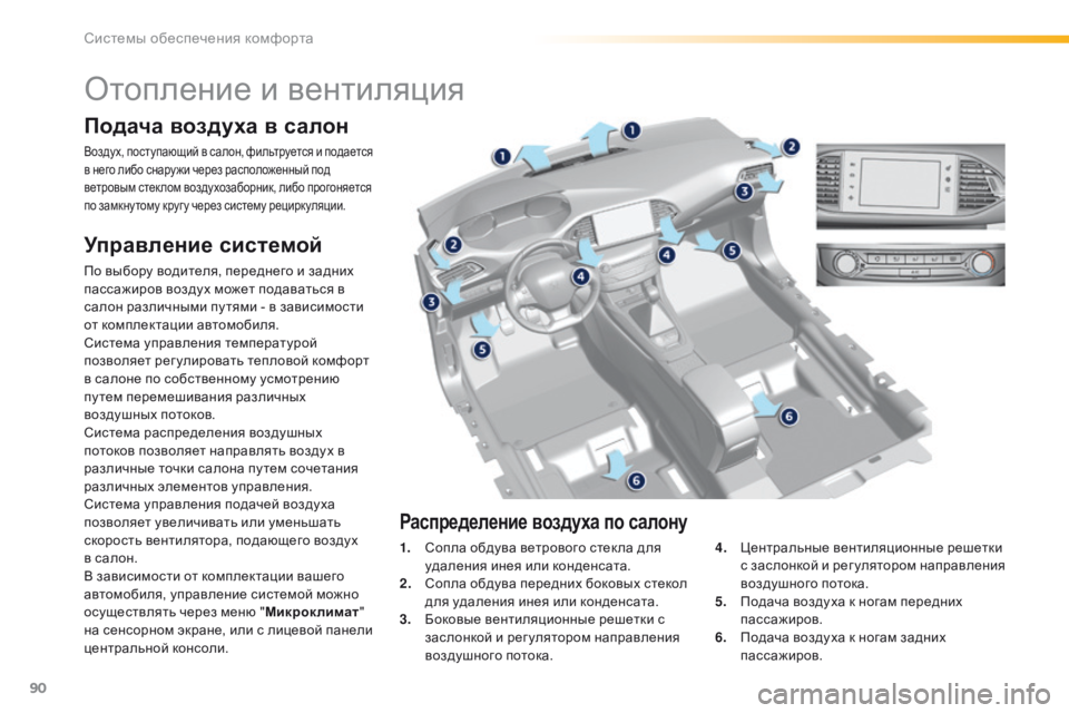Peugeot 308 2016  Инструкция по эксплуатации (in Russian) 90
308_ru_Chap03_ergonomie-et-confort_ed02-2015
Отопление и вентиляция
Подача воздуха в салон
Воздух, поступающий в салон, фильтру