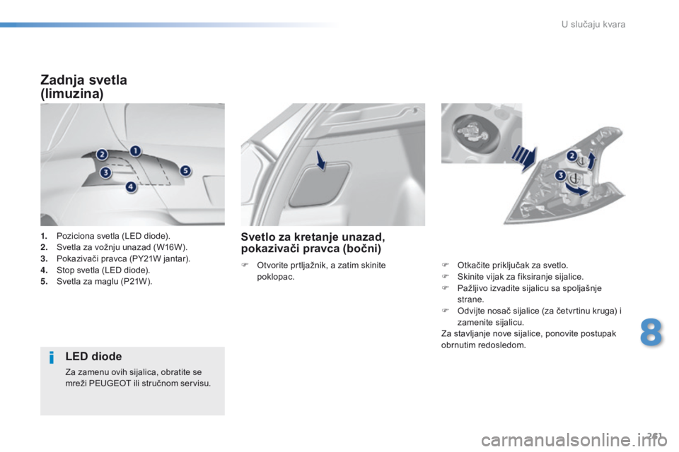 Peugeot 308 2016  Упутство за употребу (in Serbian) 261
308_sr_Chap08_En-cas-de-panne_ed02-2015
1. Poziciona svetla (LED diode).
2. Svetla za vožnju unazad (W16W).
3.
 P

okazivači pravca (PY21W jantar).
4.
 S

top svetla (LED diode).
5.
 S

vetla za