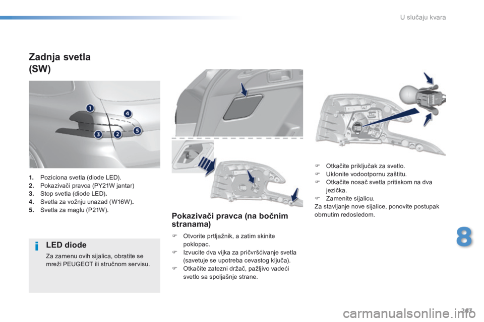 Peugeot 308 2016  Упутство за употребу (in Serbian) 263
308_sr_Chap08_En-cas-de-panne_ed02-2015
Zadnja svetla
(SW)
LED diode
Za zamenu ovih sijalica, obratite se 
mreži PEUGEOT ili stručnom servisu.
Pokazivači pravca (na bočnim 
stranama)
F Otvorit