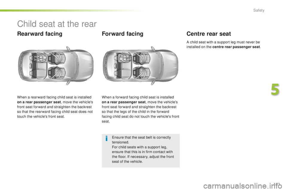 Peugeot 308 2015.5  Owners Manual - RHD (UK, Australia) 131
Child seat at the rear
Rearward facing
When a rear ward facing child seat is installed 
on a rear passenger seat, move the vehicle's 
front seat for ward and straighten the backrest 
so that t