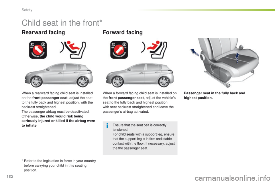 Peugeot 308 2015.5  Owners Manual - RHD (UK, Australia) 132
Passenger seat in the fully back and 
highest position.
Rearward facing
Child seat in the front*
Forward facing
ensure that the seat belt is correctly 
tensioned.
For child seats with a support le
