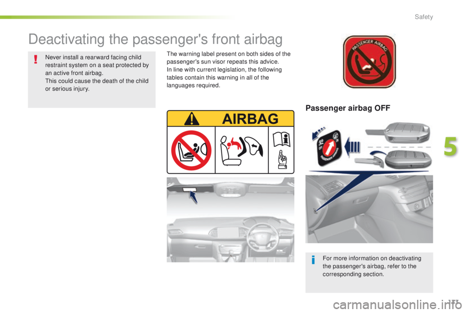 Peugeot 308 2015.5  Owners Manual - RHD (UK, Australia) 133
Passenger airbag OFF
For more information on deactivating 
the passenger's airbag, refer to the 
corresponding section.
Deactivating the passenger's front airbag
Never install a rear ward 