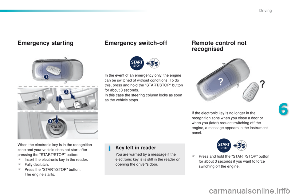 Peugeot 308 2015.5  Owners Manual - RHD (UK, Australia) 153
Key left in reader
You are warned by a message if the 
electronic key is is still in the reader on 
opening the driver's door.
Emergency starting
When the electronic key is in the recognition 