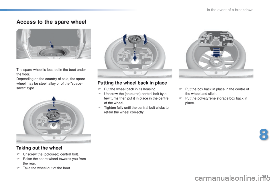 Peugeot 308 2015.5  Owners Manual - RHD (UK, Australia) 251
Taking out the wheel
F  unscrew the (coloured) central bolt.
F R aise the spare wheel towards you from 
the rear.
F
  t
a
 ke the wheel out of the boot.
Access to the spare wheel
the spare wheel i