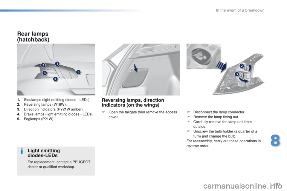 Peugeot 308 2015.5  Owners Manual - RHD (UK, Australia) 261
1. Sidelamps (light emitting diodes - LeDs).
2. R eversing lamps (W16W).
3.
 D

irection indicators (PY21W amber).
4.
 B

rake lamps (light emitting diodes - L
eD
 s).
5.
 F

oglamps (P21W).
Rear 