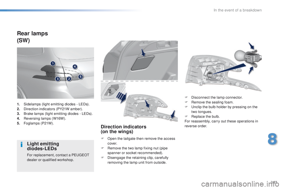 Peugeot 308 2015.5  Owners Manual - RHD (UK, Australia) 263
Rear lamps
(SW)
Light emitting  
diodes-LEDs
For replacement, contact a PeugeOt  
dealer or qualified workshop.
Direction indicators  
(on the wings)
F Open the tailgate then remove the access  c 