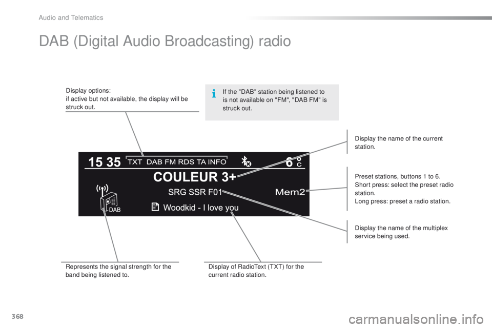 Peugeot 308 2015.5  Owners Manual - RHD (UK, Australia) 368
DAB (Digital Audio Broadcasting) radio
Display options:
if active but not available, the display will be 
struck out.Preset stations, buttons 1 to 6.
Short press: select the preset radio 
station.