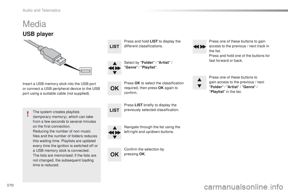 Peugeot 308 2015.5  Owners Manual - RHD (UK, Australia) 370
Media
USB player
Insert a uSB memory stick into the  uS B port 
or connect a  uS B peripheral device to the  uS B 
port using a suitable cable (not supplied).
th

e system creates playlists 
(temp