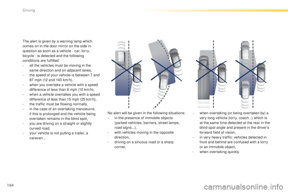 Peugeot 308 2015  Owners Manual 164
308_en_Chap04_conduite_ed01-2015
the alert is given by a warning lamp which 
comes on in the door mirror on the side in 
question as soon as a vehicle - car, lorry, 
bicycle - is detected and the 
