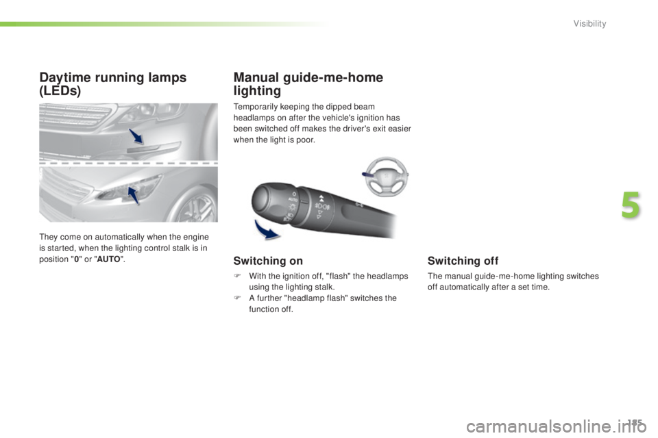Peugeot 308 2015  Owners Manual 185
308_en_Chap05_visibilite_ed01-2015
Daytime running lamps 
(LEDs)
they come on automatically when the engine 
is started, when the lighting control stalk is in 
position "0" or " AUTO &