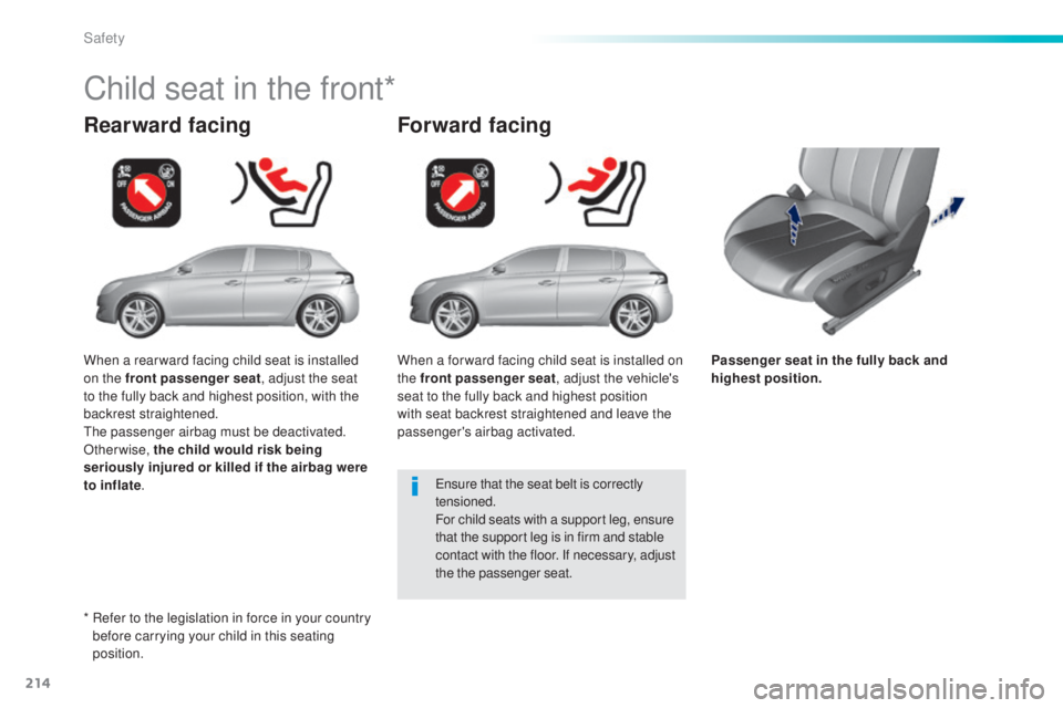 Peugeot 308 2015  Owners Manual 214
308_en_Chap06_securite_ed01-2015
Passenger seat in the fully back and 
highest position.
Rearward facing
Child seat in the front*
Forward facing
ensure that the seat belt is correctly 
tensioned.
