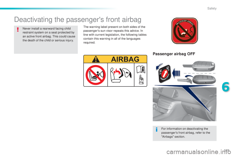 Peugeot 308 2015  Owners Manual 215
308_en_Chap06_securite_ed01-2015
Passenger airbag OFF
For information on deactivating the 
passenger's front airbag, refer to the 
"Airbags" section.
Deactivating the passenger's f