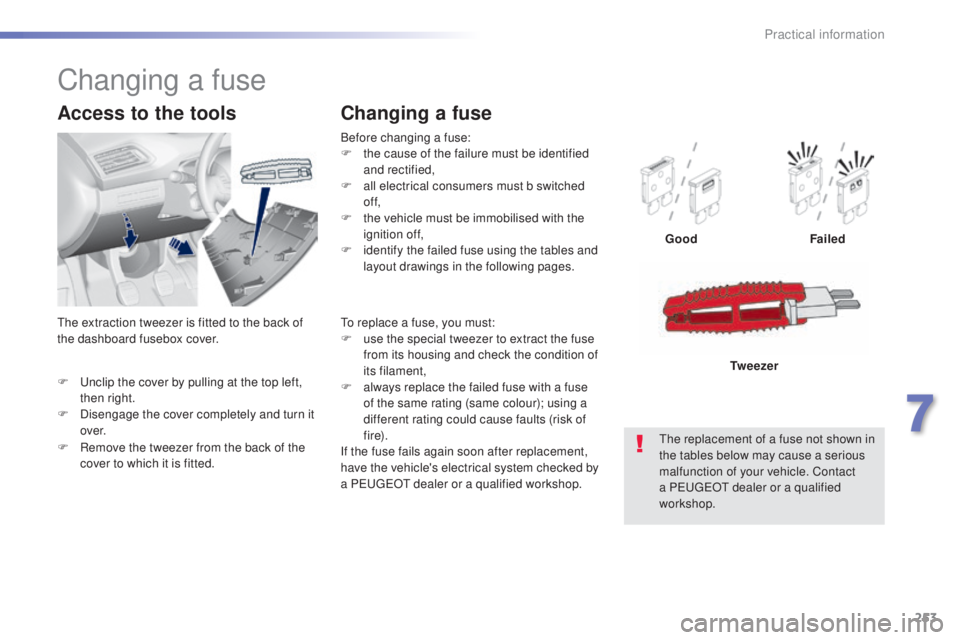 Peugeot 308 2015  Owners Manual 253
308_en_Chap07_info-pratiques_ed01-2015
F  unclip the cover by pulling at the top left, then right.
F
 
D
 isengage the cover completely and turn it 
ove r.
Access to the tools
Before changing a fu
