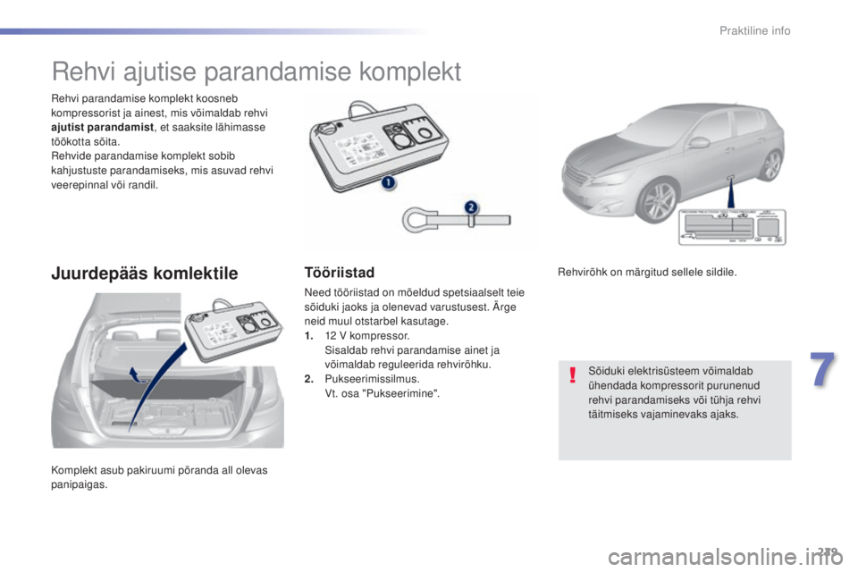 Peugeot 308 2015  Omaniku käsiraamat (in Estonian) 229
308_et_Chap07_info-pratiques_ed01-2015
Komplekt asub pakiruumi põranda all olevas 
panipaigas. Rehvi parandamise komplekt koosneb 
kompressorist ja ainest, mis võimaldab rehvi 
ajutist parandami