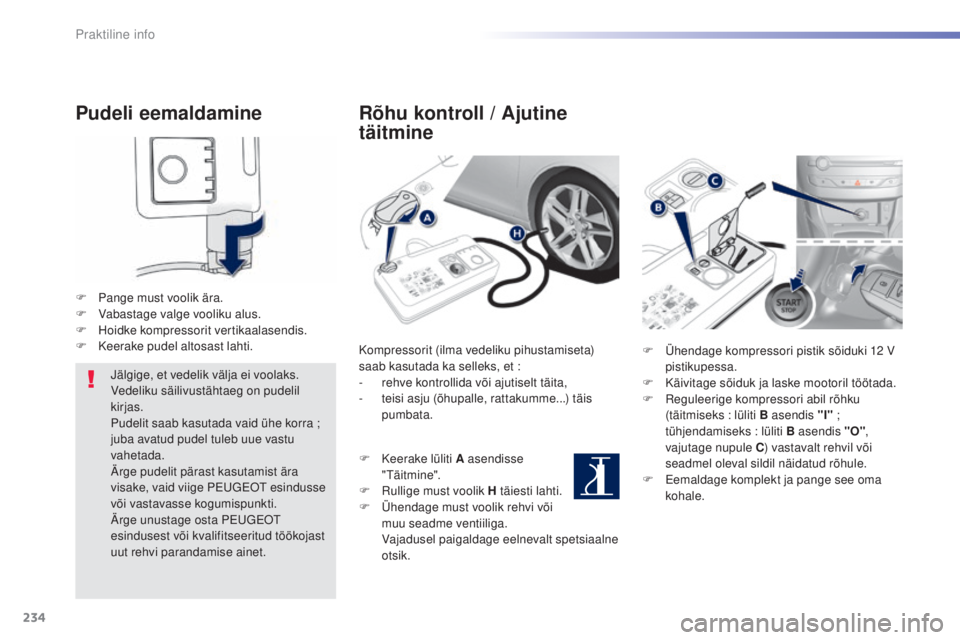 Peugeot 308 2015  Omaniku käsiraamat (in Estonian) 234
308_et_Chap07_info-pratiques_ed01-2015
Pudeli eemaldamine
F Pange must voolik ära.
F V abastage valge vooliku alus.
F
 
H
 oidke kompressorit vertikaalasendis.
F
 
K
 eerake pudel altosast lahti.