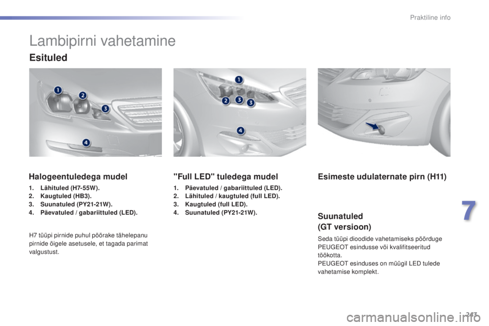Peugeot 308 2015  Omaniku käsiraamat (in Estonian) 243
308_et_Chap07_info-pratiques_ed01-2015
Lambipirni vahetamine
Esituled
"Full LED" tuledega mudel
1. Päevatuled / gabariittuled (LED).
2. Lähituled / kaugtuled (full LED).
3.
 K

augtuled 