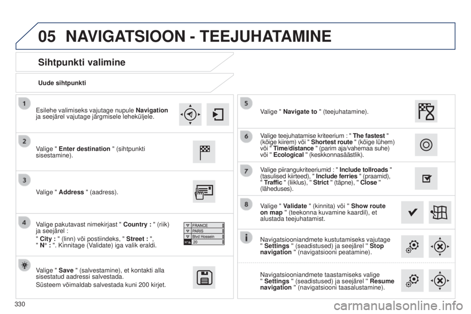 Peugeot 308 2015  Omaniku käsiraamat (in Estonian) 05
330Uude sihtpunkti
Sihtpunkti valimine
Valige " Enter destination " (sihtpunkti 
sisestamine).
Valige " Save " (salvestamine), et kontakti alla 
sisestatud aadressi salvestada.
Süs