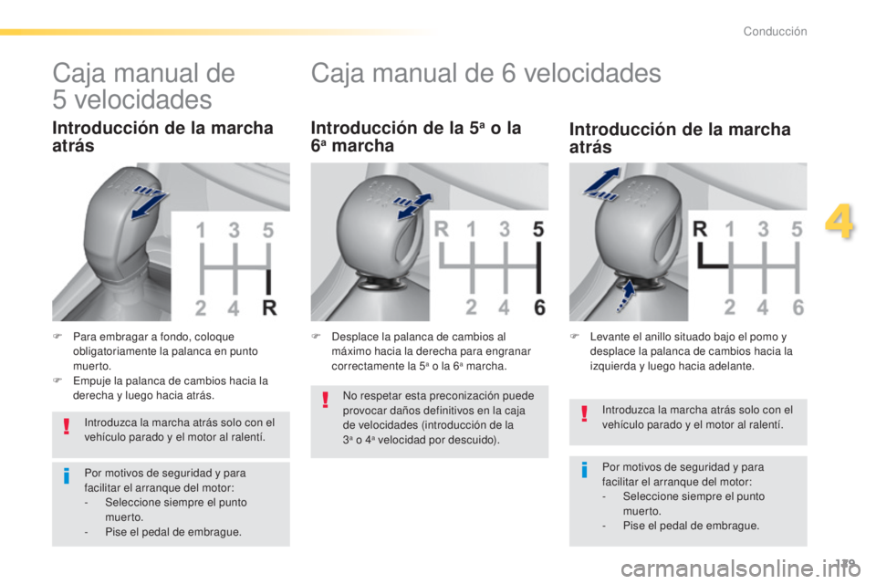 Peugeot 308 2015 Manual del propietario (in Spanish) 129
308_es_Chap04_conduite_ed01-2015
Introduzca la marcha atrás solo con el
vehículo parado y el motor al ralentí.
Por motivos de seguridad y para
facilitar el arranque del motor:
-
Sel
eccione Peugeot 308 2015 Manual del propietario (in Spanish) 129
308_es_Chap04_conduite_ed01-2015
Introduzca la marcha atrás solo con el
vehículo parado y el motor al ralentí.
Por motivos de seguridad y para
facilitar el arranque del motor:
-
Sel
eccione