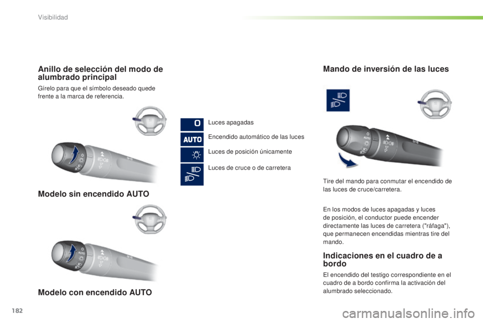 Peugeot 308 2015  Manual del propietario (in Spanish) 182
308_es_Chap05_visibilite_ed01-2015
Modelo sin encendido AUTO
Modelo con encendido AUTO Anillo de selección del modo de 
alumbrado principal
Gírelo para que el símbolo deseado quede 
frente a la