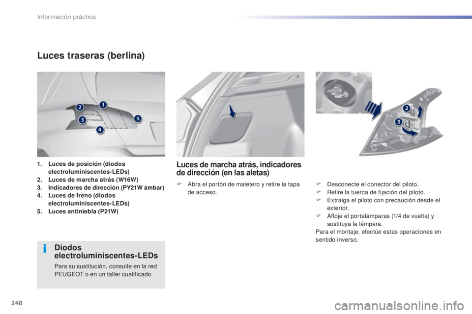 Peugeot 308 2015  Manual del propietario (in Spanish) 248
308_es_Chap07_info-pratiques_ed01-2015
1. Luces de posición (diodos electroluminiscentes-LEDs)
2.
 L

uces de marcha atrás (W16W)
3.
 I

ndicadores de dirección (PY21W ámbar)
4.
 L

uces de fr