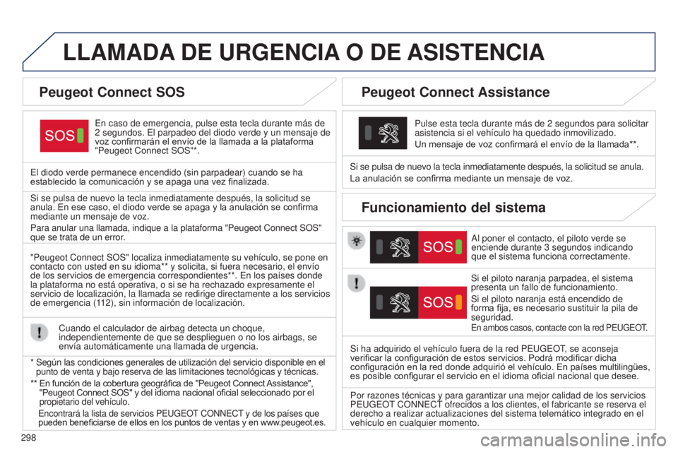 Peugeot 308 2015 Manual del propietario (in Spanish) 298
LLAMADA DE URGENCIA O DE ASISTENCIA
En caso de emergencia, pulse esta tecla durante más de
2
segundos. El parpadeo del diodo verde y un mensaje de
voz confirmarán el envío de la llama Peugeot 308 2015 Manual del propietario (in Spanish) 298
LLAMADA DE URGENCIA O DE ASISTENCIA
En caso de emergencia, pulse esta tecla durante más de
2
segundos. El parpadeo del diodo verde y un mensaje de
voz confirmarán el envío de la llama
