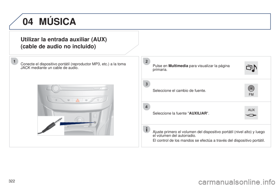 Peugeot 308 2015  Manual del propietario (in Spanish) 04
Utilizar la entrada auxiliar (AUX)
(cable de audio no incluido)
Conecte el dispositivo portátil (reproductor MP3, etc.) a la toma 
JACK mediante un cable de audio.Ajuste primero el volumen del dis