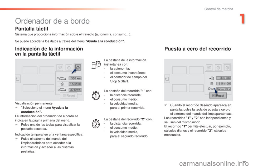 Peugeot 308 2015 Manual del propietario (in Spanish) 37
308_es_Chap01_controle-de-marche_ed01-2015
Ordenador de a bordo
Sistema que proporciona información sobre el trayecto (autonomía, consumo…).
Indicación de la información
en la pantalla táct Peugeot 308 2015 Manual del propietario (in Spanish) 37
308_es_Chap01_controle-de-marche_ed01-2015
Ordenador de a bordo
Sistema que proporciona información sobre el trayecto (autonomía, consumo…).
Indicación de la información
en la pantalla táct