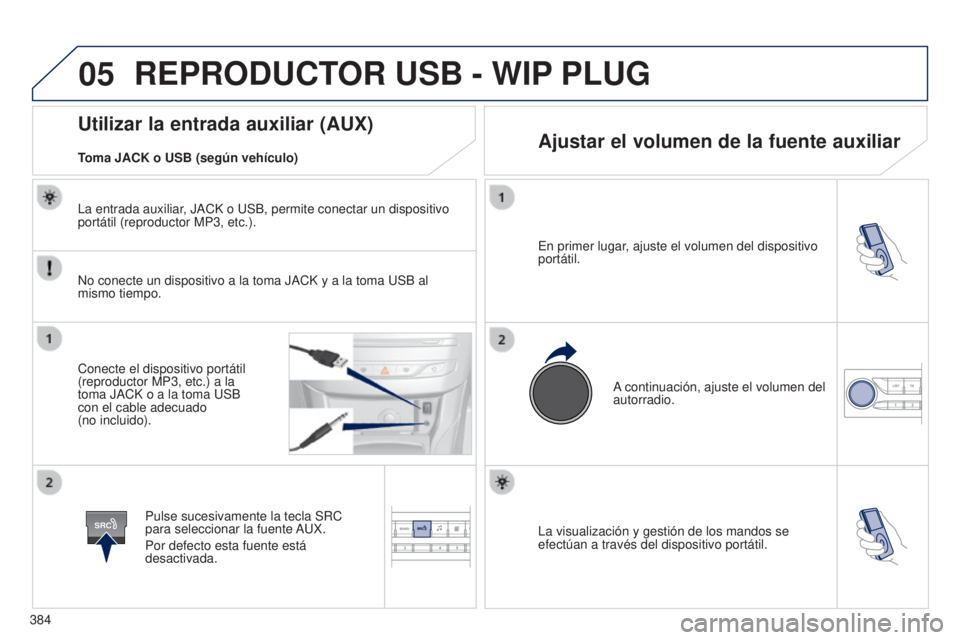 Peugeot 308 2015  Manual del propietario (in Spanish) 05
SRC
384La visualización y gestión de los mandos se 
efectúan a través del dispositivo portátil. En primer lugar, ajuste el volumen del dispositivo 
portátil.
A continuación, ajuste el volume