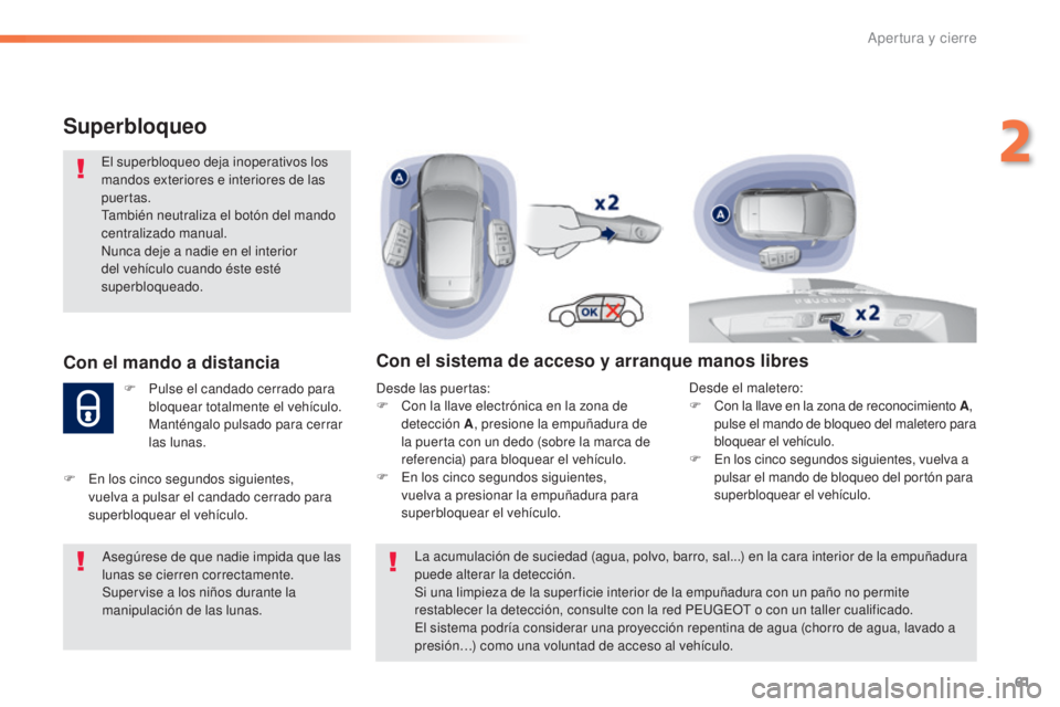 Peugeot 308 2015 Manual del propietario (in Spanish) 61
308_es_Chap02_ouvertures_ed01-2015
Superbloqueo
El superbloqueo deja inoperativos los
mandos exteriores e interiores de las
puertas.
También neutraliza el botón del mando
centralizado manual.
Peugeot 308 2015 Manual del propietario (in Spanish) 61
308_es_Chap02_ouvertures_ed01-2015
Superbloqueo
El superbloqueo deja inoperativos los
mandos exteriores e interiores de las
puertas.
También neutraliza el botón del mando
centralizado manual.