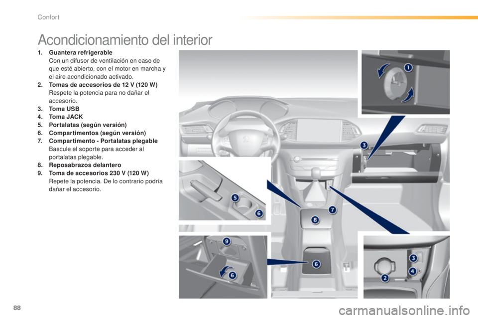Peugeot 308 2015  Manual del propietario (in Spanish) 88
308_es_Chap03_confort_ed01-2015
Acondicionamiento del interior
1. Guantera refrigerable  C
on un difusor de ventilación en caso de 
que esté abierto, con el motor en marcha y 
el aire acondiciona