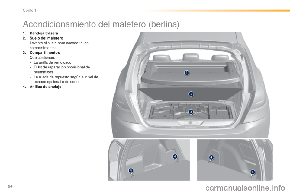 Peugeot 308 2015  Manual del propietario (in Spanish) 94
308_es_Chap03_confort_ed01-2015
Acondicionamiento del maletero (berlina)
1. Bandeja trasera
2. Suelo del maletero 
 L

evante el suelo para acceder a los 
compartimentos.
3.
 C

ompartimentos  
 Q
