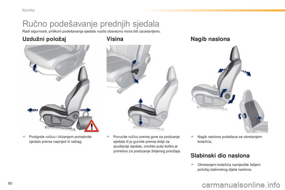 Peugeot 308 2015  Vodič za korisnike (in Croatian) 80
308_hr_Chap03_confort_ed01-2015
Ručno podešavanje prednjih sjedala
F Podignite ručicu i klizanjem pomaknite sjedalo prema naprijed ili natrag. F
 P ovucite ručicu prema gore za podizanje 
sjeda