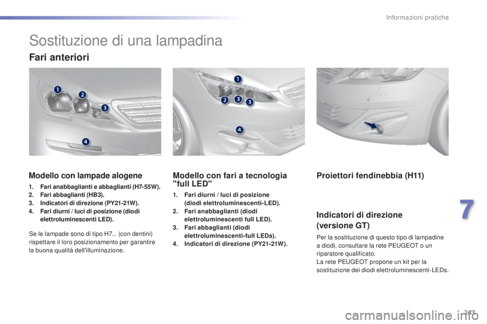 Peugeot 308 2015 Manuale del proprietario (in Italian) 243
308_it_Chap07_info-pratiques_ed01-2015
Sostituzione di una lampadina
Fari anteriori
Modello con fari a tecnologia
"full LED"
1. Fari diurni / luci di posizione (diodi elettroluminescenti Peugeot 308 2015 Manuale del proprietario (in Italian) 243
308_it_Chap07_info-pratiques_ed01-2015
Sostituzione di una lampadina
Fari anteriori
Modello con fari a tecnologia
"full LED"
1. Fari diurni / luci di posizione (diodi elettroluminescenti