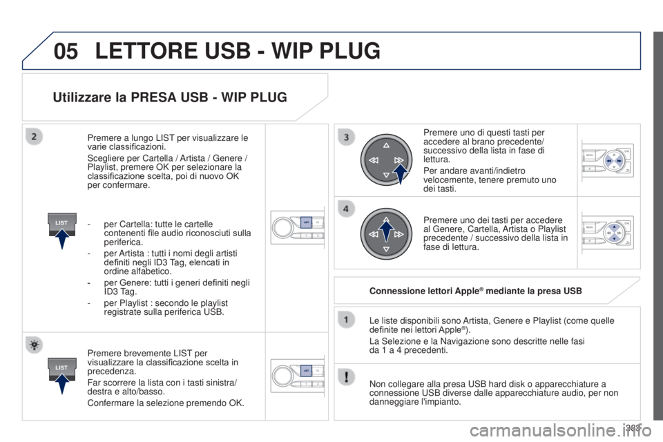Peugeot 308 2015  Manuale del proprietario (in Italian) 05
LIST
LIST
383
Utilizzare la PRESA USB - WIP PLUG
Premere brevemente LIST per 
visualizzare la classificazione scelta in 
precedenza.
Far scorrere la lista con i tasti sinistra/
destra e alto/basso.