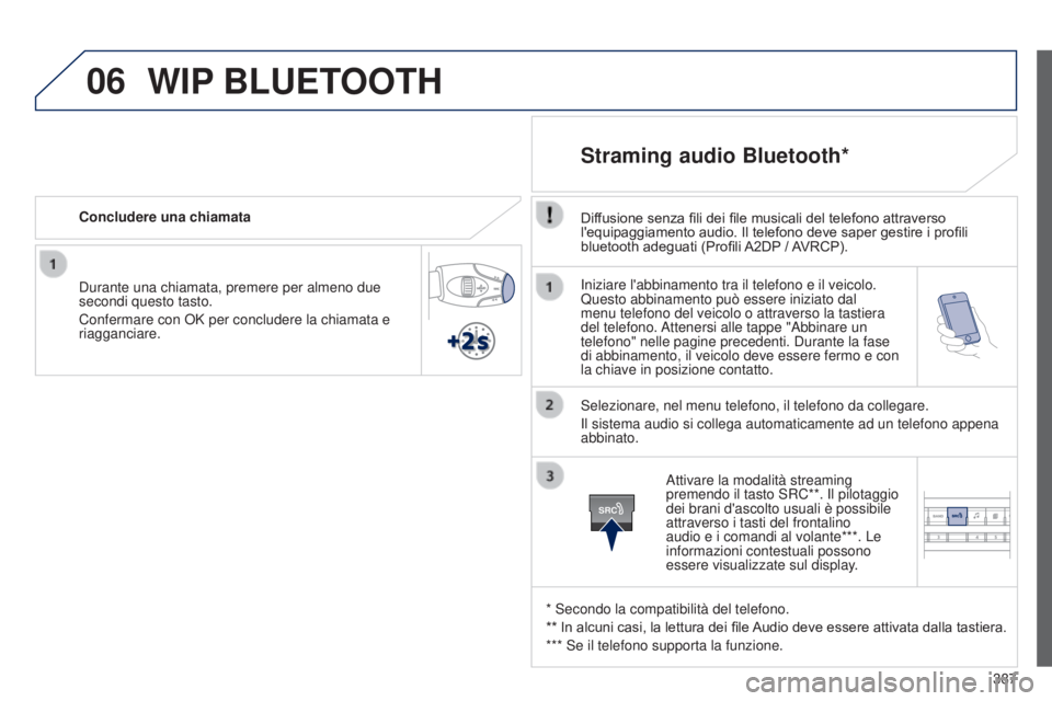 Peugeot 308 2015  Manuale del proprietario (in Italian) 06
SRC
387
Iniziare l'abbinamento tra il telefono e il veicolo. 
Questo abbinamento può essere iniziato dal 
menu telefono del veicolo o attraverso la tastiera 
del telefono. Attenersi alle tappe