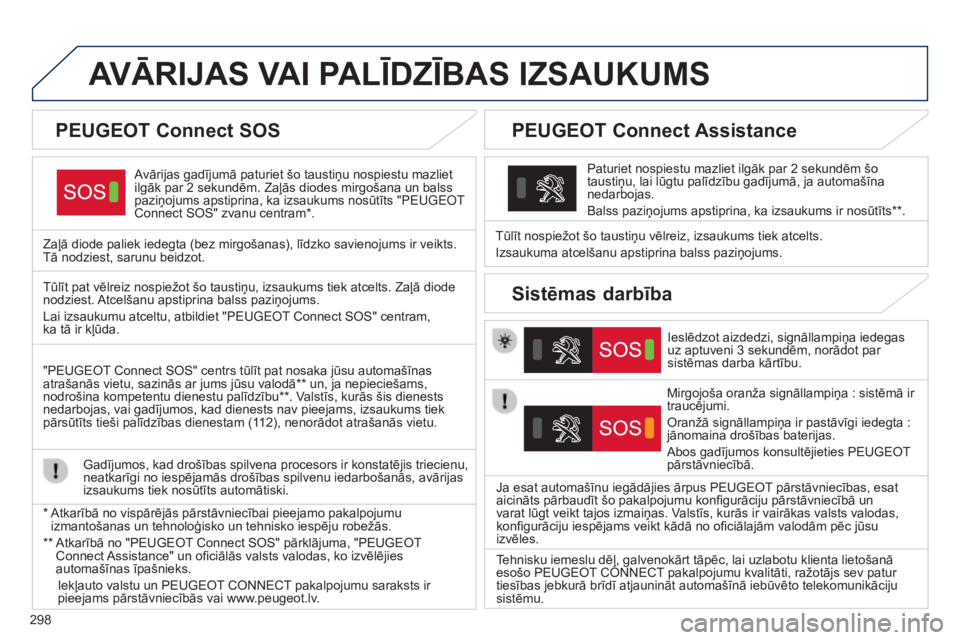 Peugeot 308 2015  Īpašnieka rokasgrāmata (in Latvian) 298
AVĀRIJAS  VAI   PALĪD z ĪBAS   I z SAUKUMS
Avārijas gadījumā paturiet šo taustiņu nospiestu mazliet 
ilgāk par 2 sekundēm. Zaļās diodes mirgošana un balss 
paziņojums apstiprina, ka 