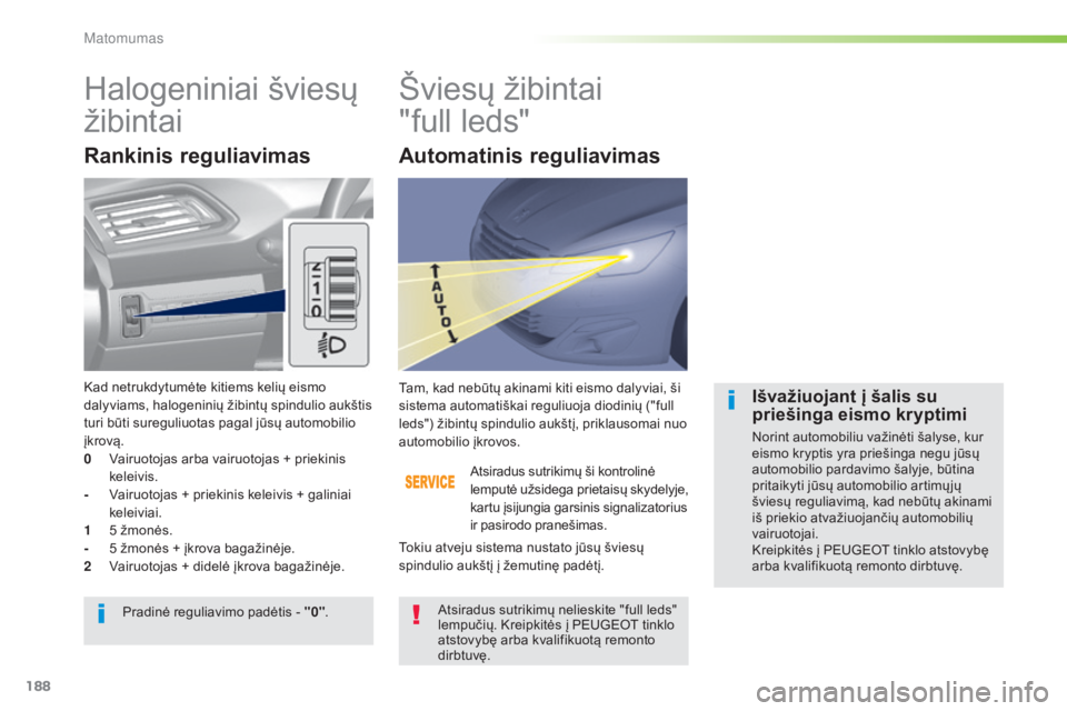 Peugeot 308 2015 Savininko vadovas (in Lithuanian) 188
308_lt_Chap05_visibilite_ed01-2015
Halogeniniai šviesų
žibintaiŠviesų žibintai
"full leds"
Rankinis reguliavimas
Atsiradus sutrikimų ši kontrolinė
lemputė užsidega prietais Peugeot 308 2015 Savininko vadovas (in Lithuanian) 188
308_lt_Chap05_visibilite_ed01-2015
Halogeniniai šviesų
žibintaiŠviesų žibintai
"full leds"
Rankinis reguliavimas
Atsiradus sutrikimų ši kontrolinė
lemputė užsidega prietais