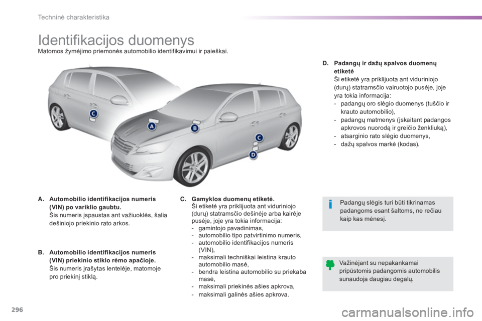 Peugeot 308 2015 Savininko vadovas (in Lithuanian) 296
308_lt_Chap09_caracteristiques-techniques_ed01-2015
Identifikacijos duomenysMatomos žymėjimo priemonės automobilio identifikavimui ir paieškai.
A.
A
utomobilio identifikacijos numeris
(VIN) Peugeot 308 2015 Savininko vadovas (in Lithuanian) 296
308_lt_Chap09_caracteristiques-techniques_ed01-2015
Identifikacijos duomenysMatomos žymėjimo priemonės automobilio identifikavimui ir paieškai.
A.
A
utomobilio identifikacijos numeris
(VIN)